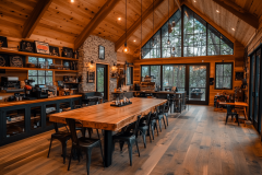 A beautifully designed barndominium interior featuring a spacious open-concept kitchen and dining area with rustic wood finishes and modern farmhouse charm.