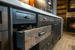 A beautifully designed barndominium kitchen featuring dark wood cabinetry, modern farmhouse hardware, and a cozy fireplace for the perfect blend of rustic and contemporary style.