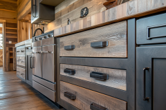 A beautifully designed barndominium kitchen featuring rustic wood cabinetry, modern stainless steel appliances, and a warm farmhouse aesthetic.