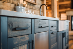 A beautifully designed barndominium kitchen featuring rustic blue cabinetry, modern farmhouse accents, and a stylish farmhouse sink.
