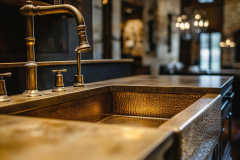 A stunning hammered copper farmhouse sink adds warmth and elegance to this luxury barndominium kitchen.