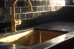 A bold black and gold farmhouse sink design brings modern elegance to this barndominium kitchen.