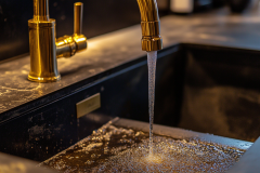 A luxurious black and gold farmhouse sink adds a touch of elegance to this modern barndominium kitchen.