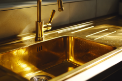 A stunning gold farmhouse sink reflecting warm light, adding a touch of luxury to a modern barndominium kitchen.