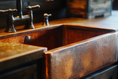 A handcrafted hammered copper farmhouse sink enhances the rustic elegance of this barndominium kitchen.