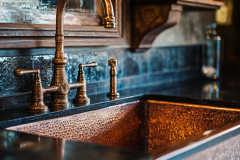 A stunning hammered copper farmhouse sink paired with vintage brass fixtures adds a touch of rustic elegance to this barndominium kitchen.