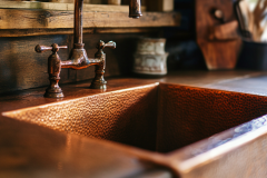 A beautifully crafted hammered copper farmhouse sink brings warmth and rustic elegance to this barndominium kitchen.