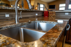 A stylish barndominium kitchen featuring a dual-basin stainless steel sink set in a polished granite countertop, blending modern function with rustic charm.