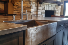 A modern barndominium kitchen showcasing a stainless steel farmhouse sink, seamlessly blending rustic charm with contemporary design near a cozy stone fireplace.