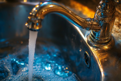 A sleek kitchen faucet with running water in a barndominium interior, adding a modern accent to rustic design elements.