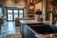 A modern barndominium kitchen featuring a black farmhouse sink, granite countertops, and an open-concept layout that flows into a cozy living area with a stone fireplace.
