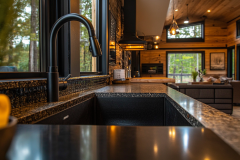 A contemporary barndominium kitchen featuring black fixtures, granite countertops, and expansive windows, seamlessly flowing into a rustic open-concept living space.