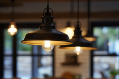 Farmhouse pendant lights with exposed Edison bulbs, bringing a warm and inviting glow to this barndominium kitchen.