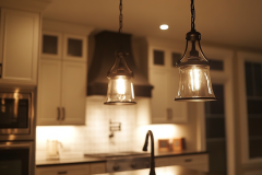 A modern farmhouse barndominium kitchen featuring elegant pendant lights with clear glass shades, creating a warm and inviting atmosphere