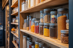 A well-organized barndominium pantry with neatly arranged glass jars, showcasing a functional and stylish approach to kitchen storage.