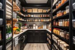 A luxurious walk-in barndominium pantry featuring black cabinetry, open shelving, and neatly organized jars and baskets for maximum storage and style.