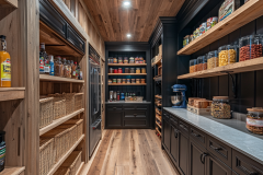A spacious barndominium pantry showcasing black cabinetry, open wooden shelving, and neatly organized baskets and jars, combining rustic warmth with modern functionality.