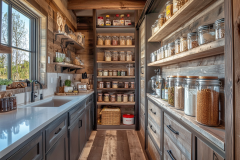 A charming barndominium pantry with rustic wood shelving, black cabinetry, and neatly arranged glass jars, offering a perfect blend of farmhouse style and modern functionality.