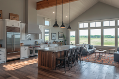 Bright and Airy Barndominium Kitchen with Vaulted Ceilings and Large Windows
