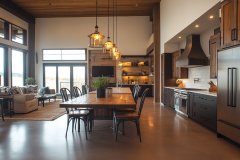 Rustic Modern Barndominium Kitchen with High Ceilings and Open Dining