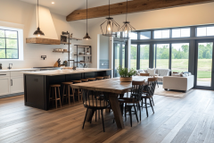 Bright and Airy Barndominium Kitchen with Open-Concept Dining and Large Windows