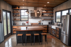 Warm and Rustic Barndominium Kitchen with Open Shelving and Industrial Touches