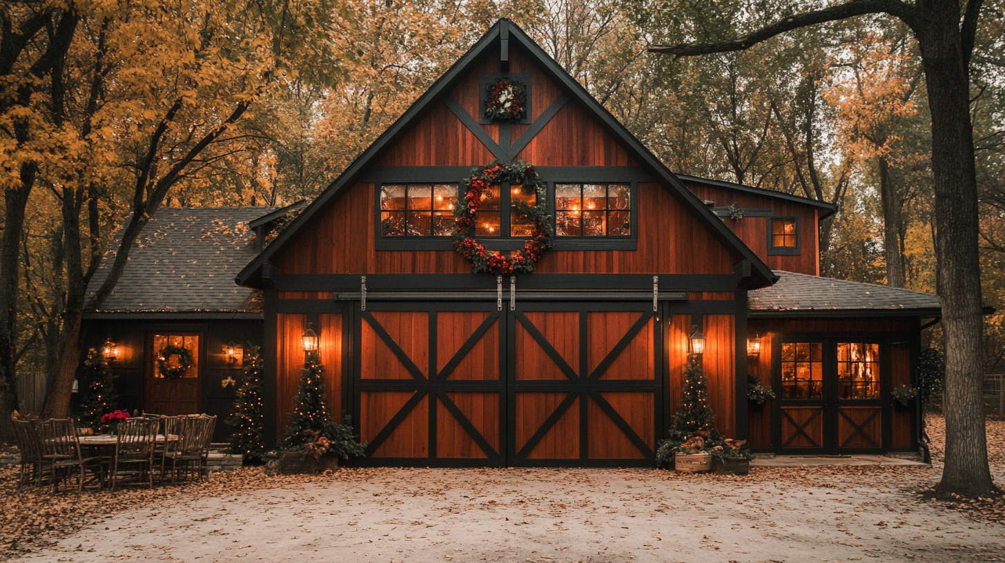 A beautifully decorated barndominium with a loft, featuring rustic wood siding, large barn doors, festive Christmas wreaths, warm interior lighting, and an inviting outdoor dining setup in a woodland setting.