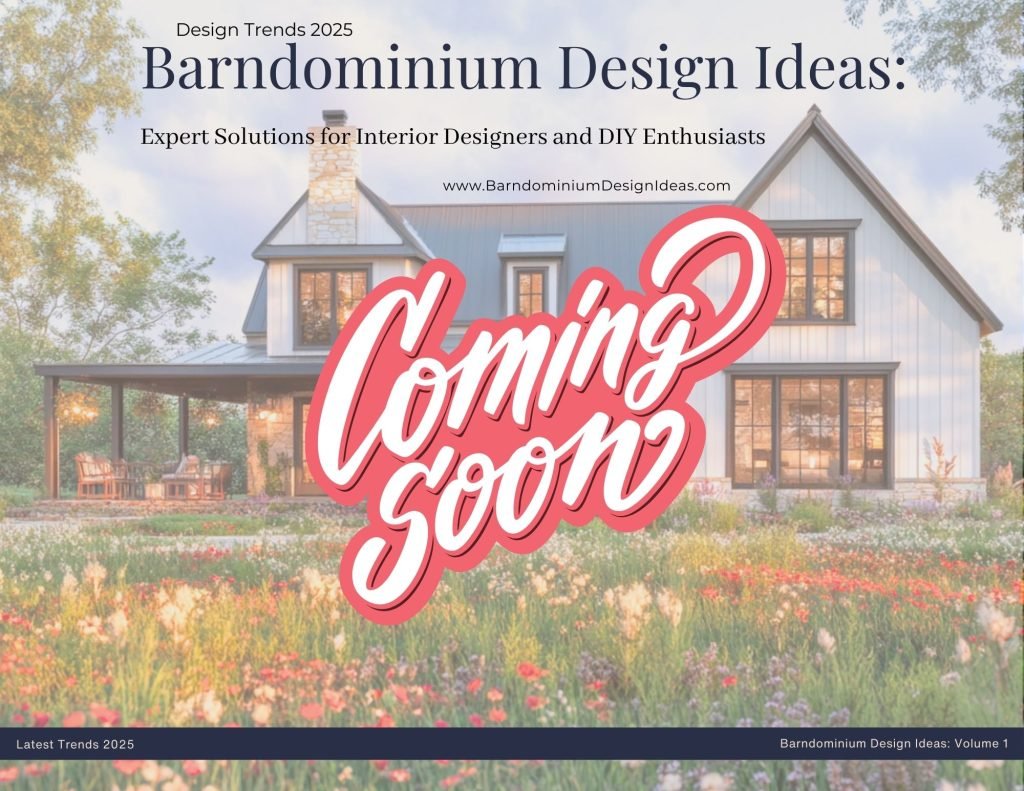 Barndominium Design Ideas 2025 Coming Soon Cover – Modern farmhouse with flower field
