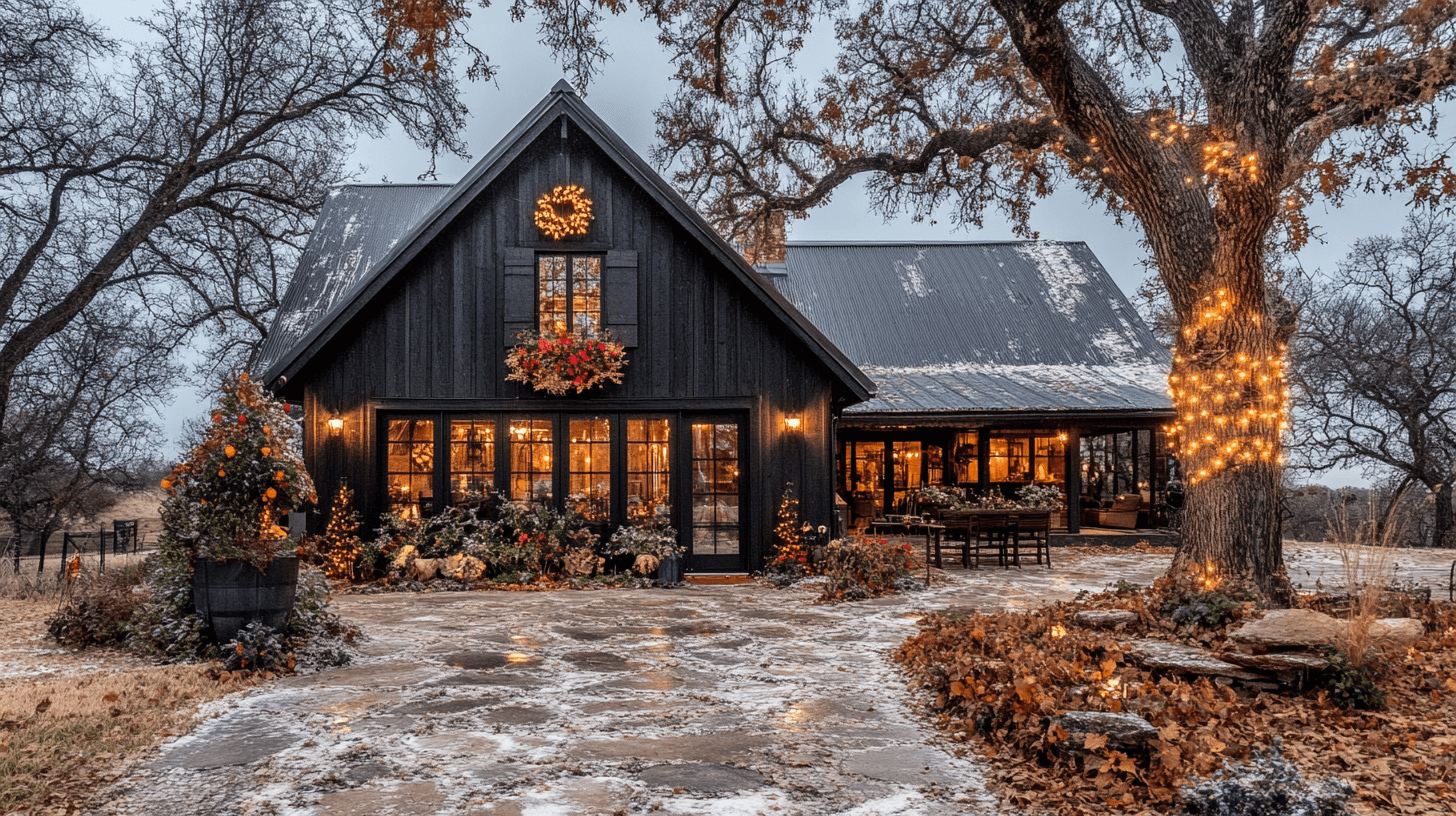 Black barndominium with holiday wreaths, twinkle lights, and light snow – Christmas barndominium ideas from Barndominium Marketplace