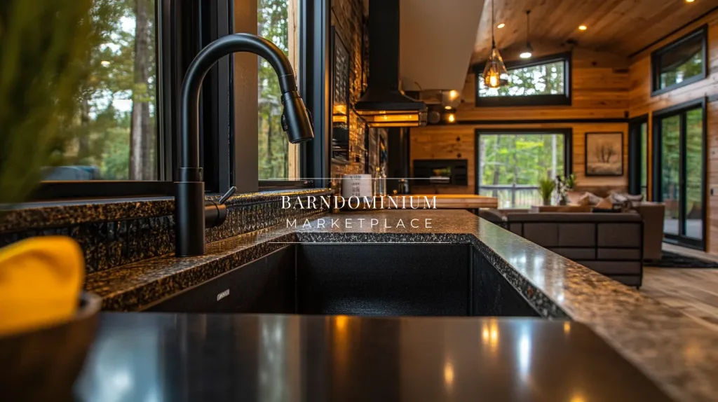 A barndominium kitchen featuring a dark farmhouse sink, large windows overlooking a forest, and warm rustic-wood interiors.
