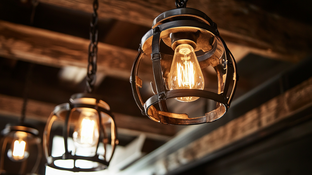 Close-up of rustic industrial pendant lights with Edison bulbs hanging from a wooden ceiling