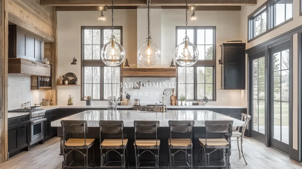 Modern farmhouse-style barndominium kitchen with oversized island, pendant lighting, and black cabinetry – barndominium ideas from Barndominium Marketplace