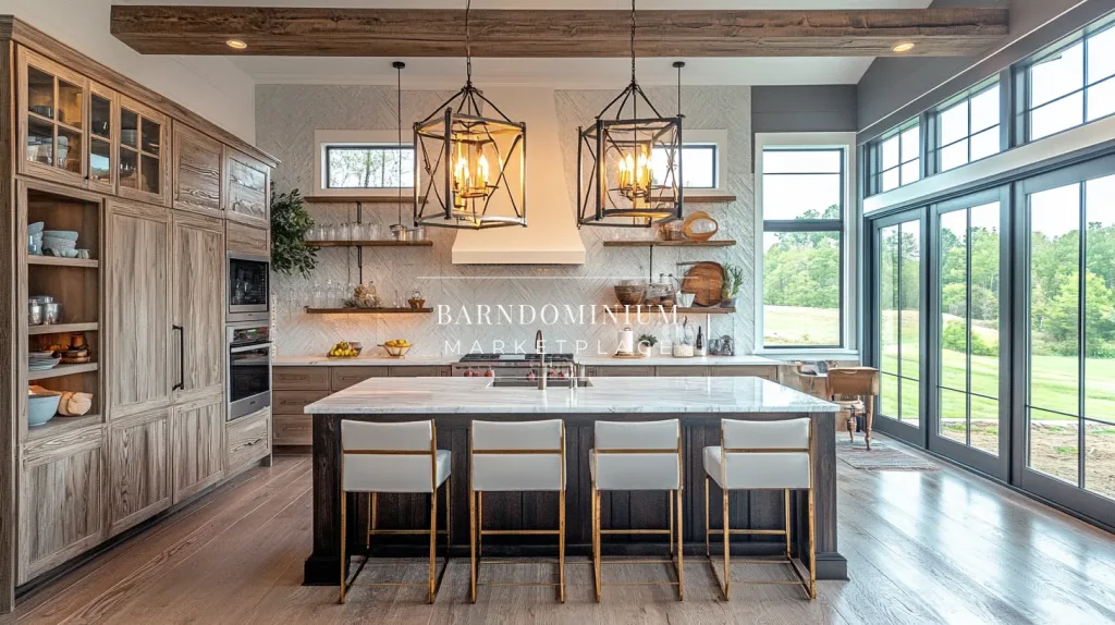 A bright barndominium kitchen featuring large windows, rustic wood cabinetry, a spacious island, and modern lantern-style pendant lights.