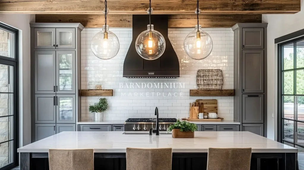 A modern barndominium kitchen featuring gray cabinetry, a black vent hood, white subway tile backsplash, and globe pendant lights above a large island.