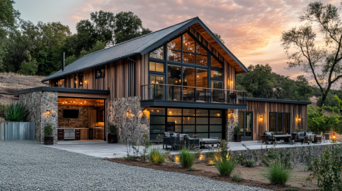 A stunning luxury barndominium with a glass-front design, stone and wood exterior, open-concept living spaces, and a scenic sunset backdrop.