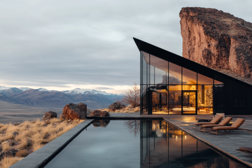 A modern black barndominium with floor-to-ceiling glass walls, an infinity pool, and breathtaking desert and mountain views.