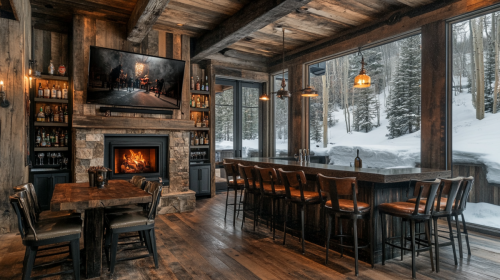 A luxurious barndominium entertainment room featuring a rustic wood bar, leather bar stools, a stone fireplace, and large windows overlooking a snow-covered mountain landscape.