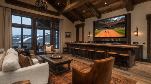 A luxurious barndominium entertainment room featuring a rustic wooden bar, a large flat-screen TV, cozy seating, and floor-to-ceiling windows overlooking a stunning snow-covered mountain landscape.
