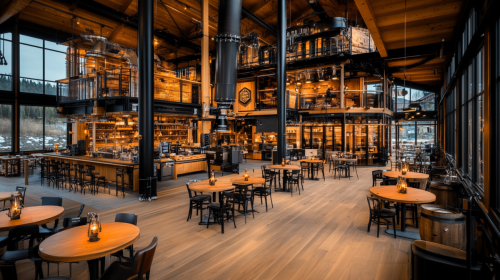 A modern industrial-style barndominium with exposed HVAC ductwork, floor-to-ceiling glass walls, warm lighting, and a spacious open-concept brewery-style interior.