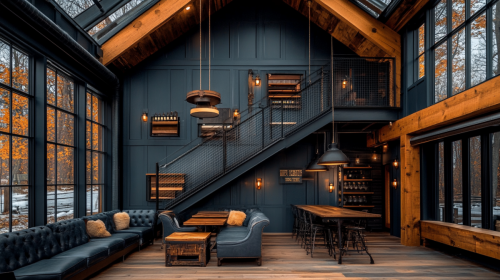 A modern industrial barndominium interior featuring exposed HVAC ductwork, dark moody walls, large windows, wood accents, a loft space with metal railings, and warm lighting.