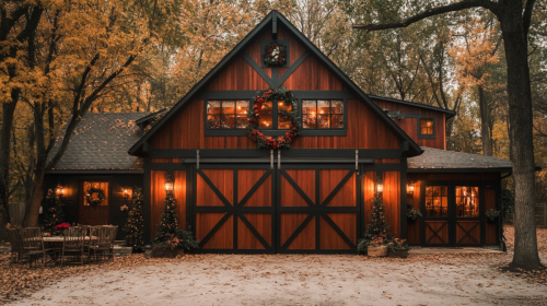 A beautifully decorated barndominium with a loft, featuring rustic wood siding, large barn doors, festive Christmas wreaths, warm interior lighting, and an inviting outdoor dining setup in a woodland setting.