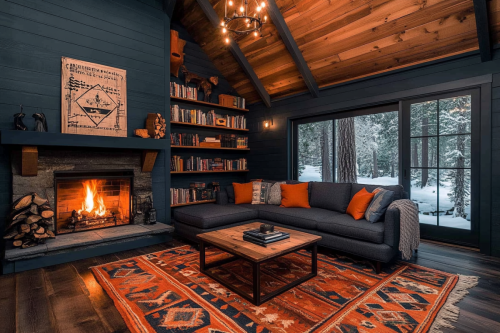 A cozy barndominium living room featuring a roaring fireplace, built-in bookshelves, a dark moody color scheme, an L-shaped sectional, and large windows overlooking a snowy forest.