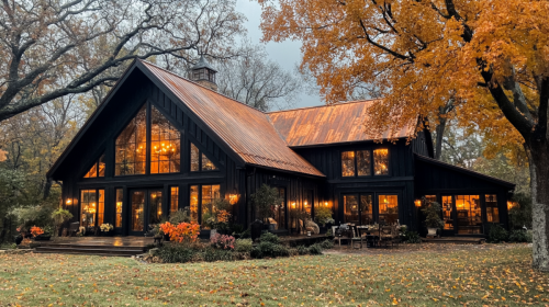 A stunning black barndominium with a copper roof, large glass windows, warm glowing interior lights, and a beautifully landscaped outdoor space surrounded by autumn foliage.