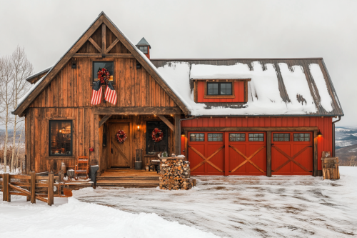 A rustic barndominium home with a wooden facade, red garage doors, holiday wreaths, and American flags, set in a snowy mountain landscape.