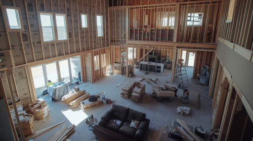 A barndominium under construction, featuring exposed wood framing, high ceilings, large windows, and an open-concept design with materials and tools scattered throughout.