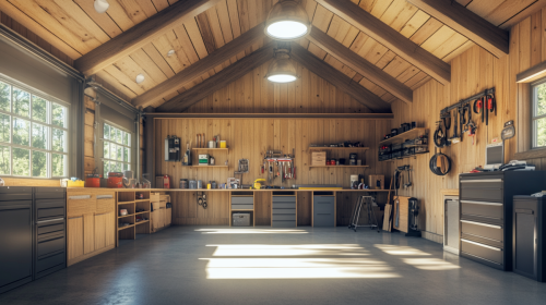 A well-organized barndominium workshop featuring vaulted wood ceilings, natural lighting, custom tool storage, and spacious workbenches for DIY and woodworking projects.